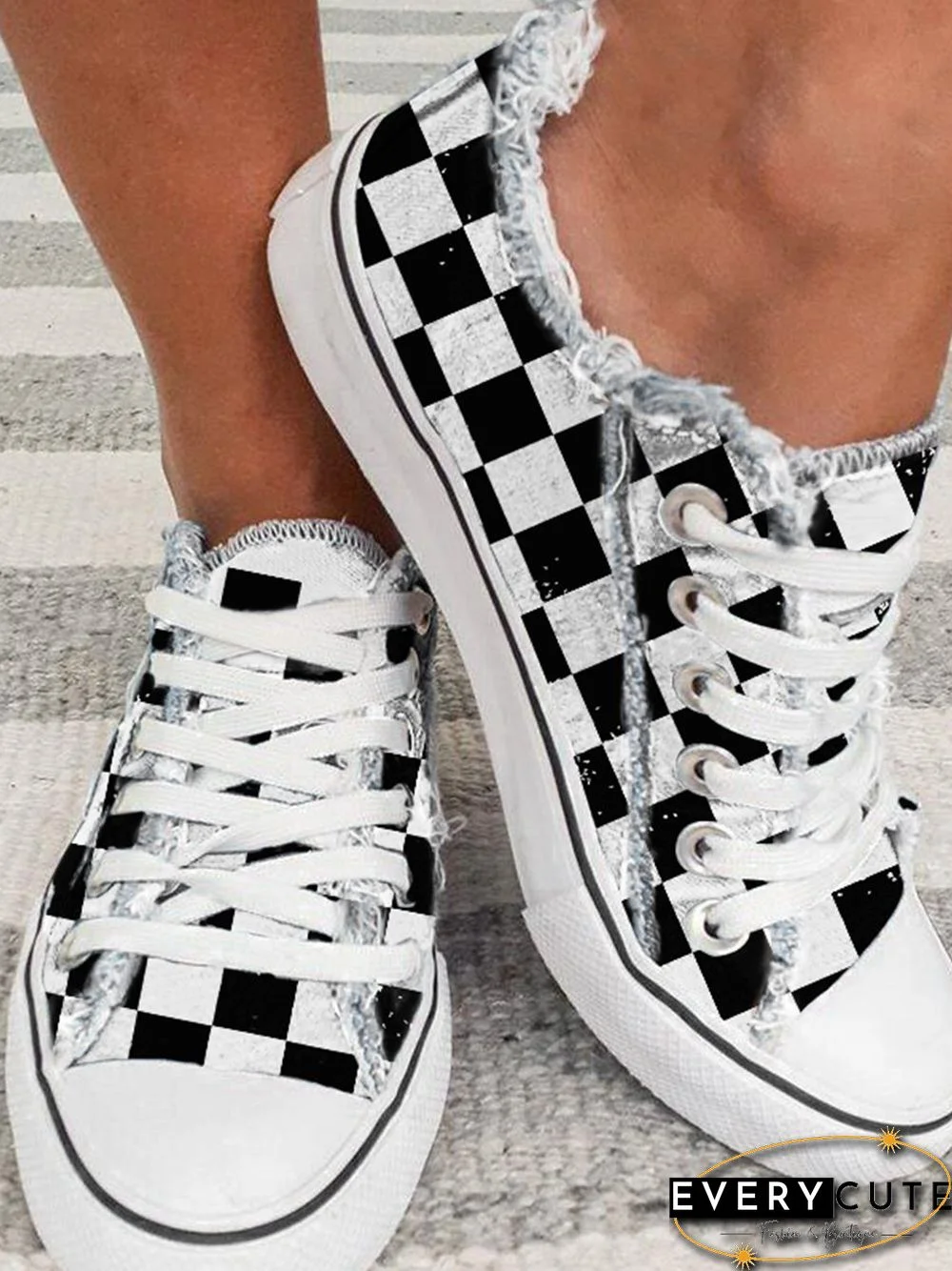Black And White Checkerboard Graphic Distressed Canvas Flats