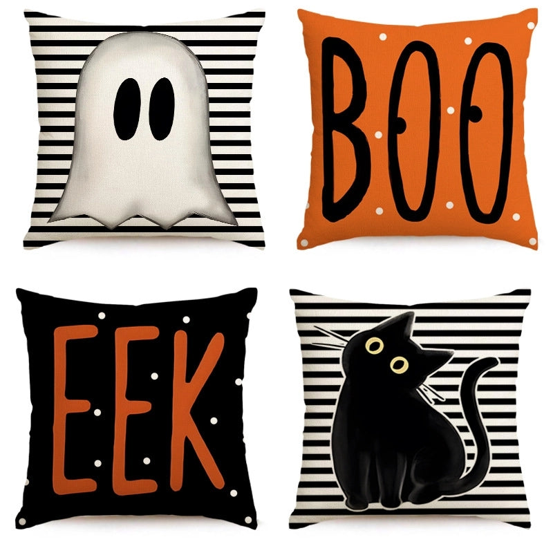 Halloween Funny IG Style Letter Stripe Ghost Linen Pillow Cases Couch & Sofa Decor