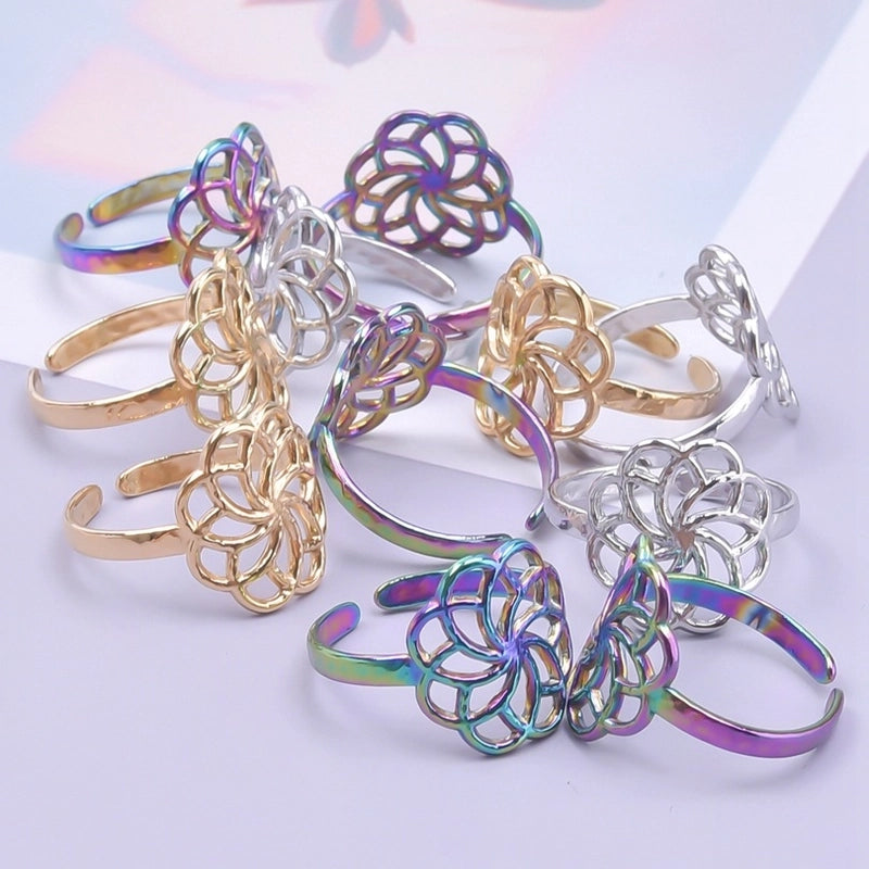 Classic Style Flower 304 Stainless Steel 18K Gold Plated Asymmetrical Polishing Rings