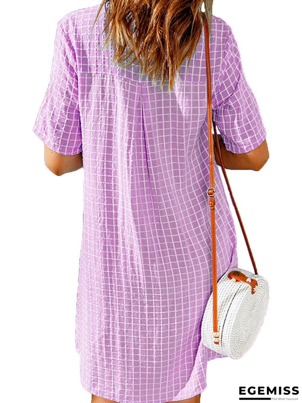 Women's Casual Shirt Short Skirt Lapel Plaid Loose Short Sleeve Dress White Dress | EGEMISS