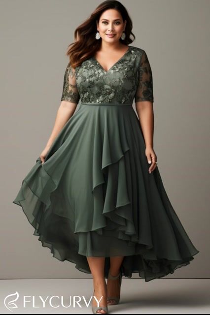 Flycurvy Plus Size Mother Of The Bride Gray Green Lace Asymmetrical Hem Overlay Tea-length Dress- Flycurvy Flycurvy Plus Size Mother Of The Bride Gray Green Lace Asymmetrical Hem Overlay Tea-length Dress- Flycurvy