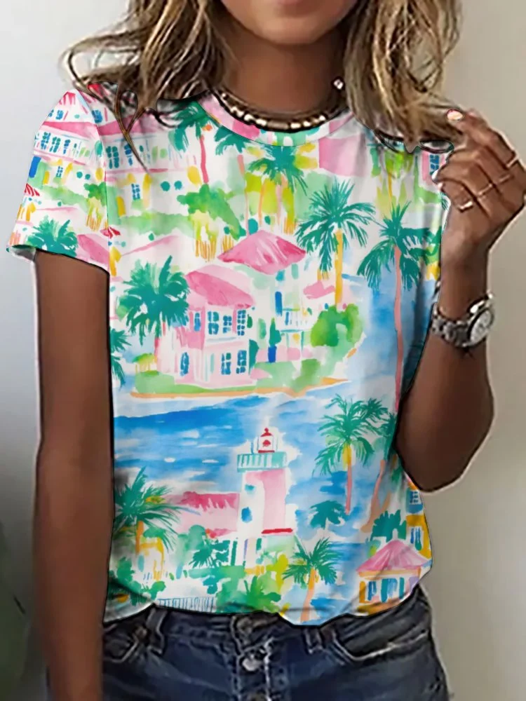 Printed Short Sleeve Casual T-shirt for  Women and Men Unisex Pattern Tropical, Summer, Green