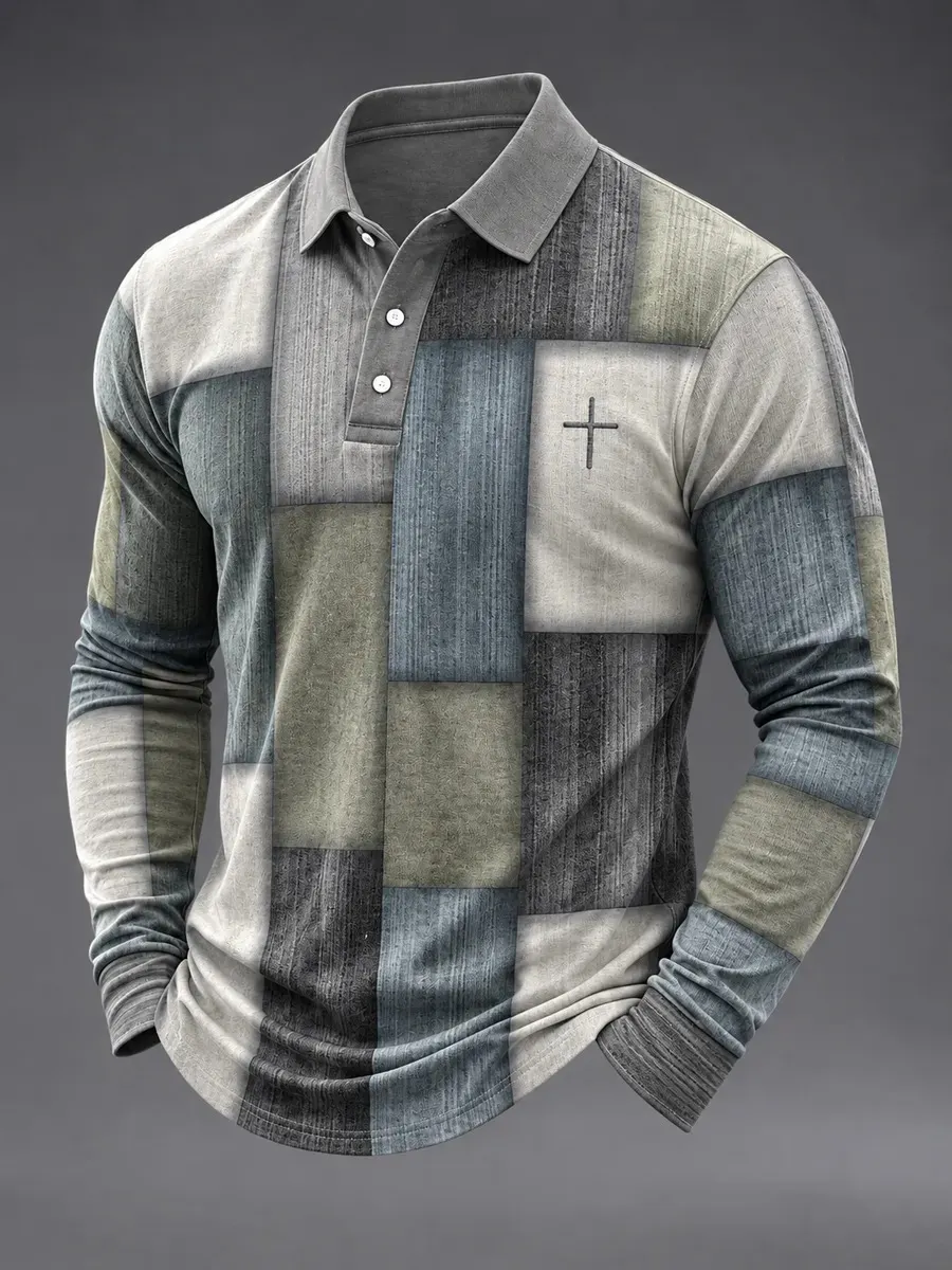 Men's Color Block Cross Print Long Sleeve Polo Shirt