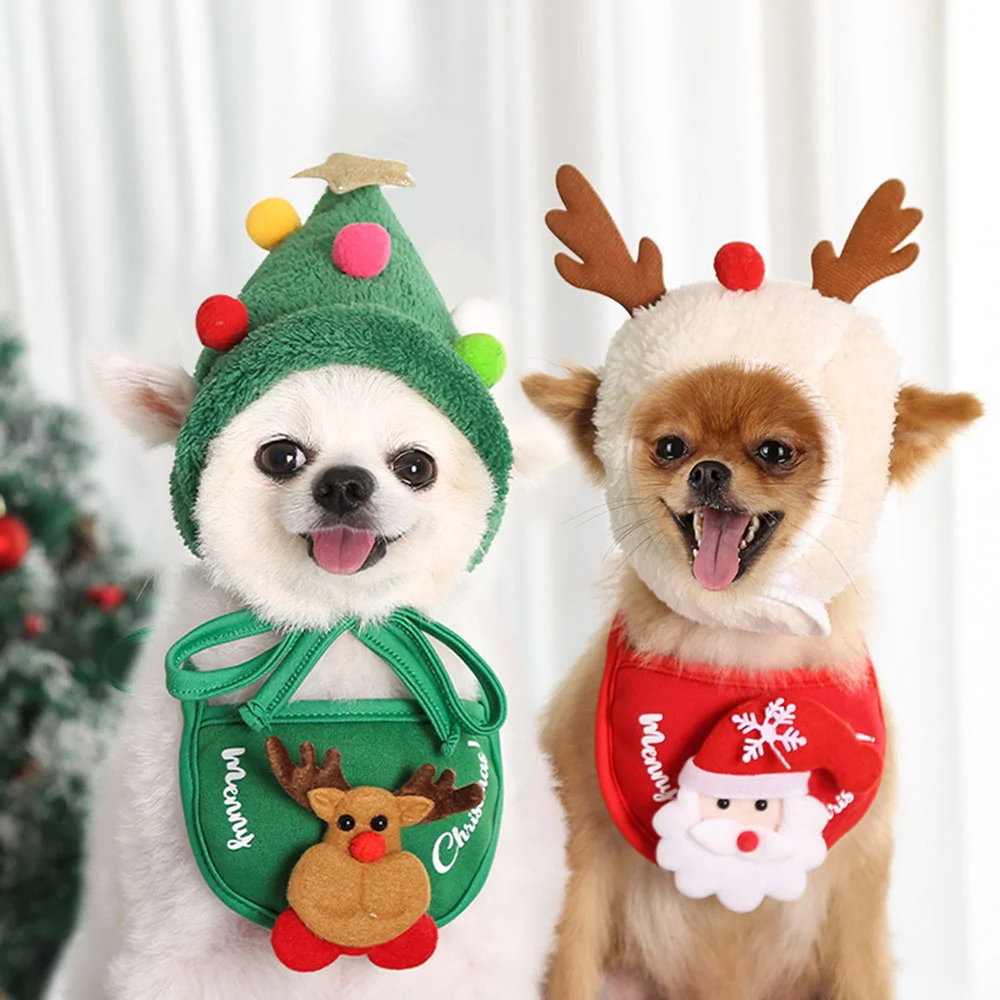Pet Christmas Hat Antlers Saliva Towel