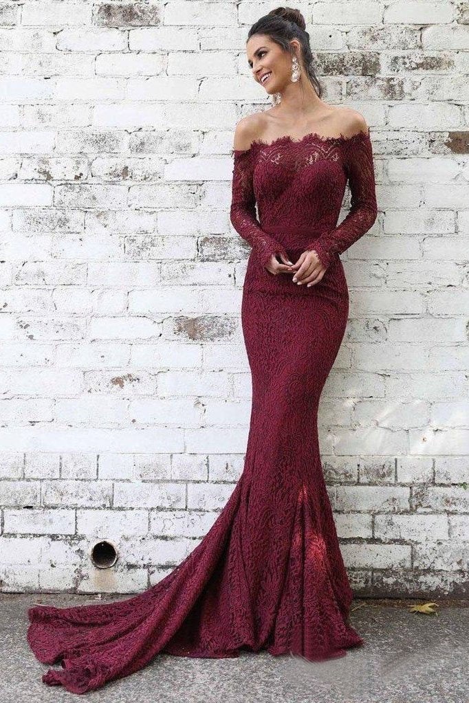 Ovlias Breathtaking Burgundy Off-the-shoulder Lace Mermaid Evening Dress LY0583