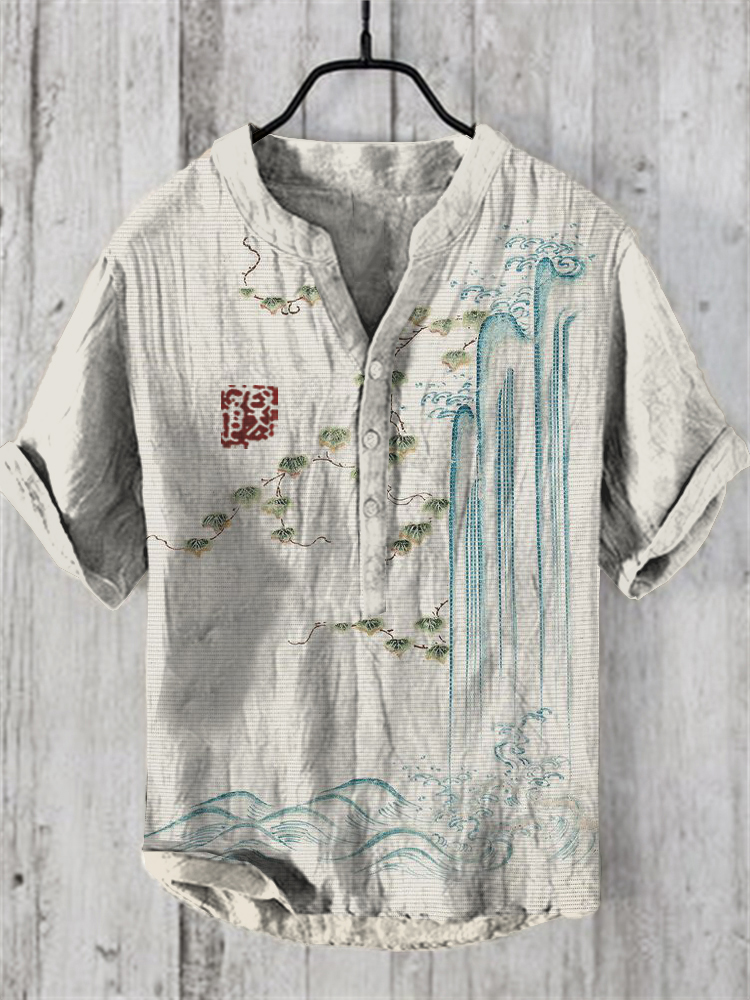 Comstylish Japanese Retro Pine And Running Water Art Linen Blend Shirt