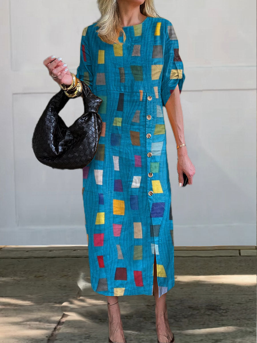 Women's Elegant Vintage  Print  V-Neck Button Pocket Cotton Dress