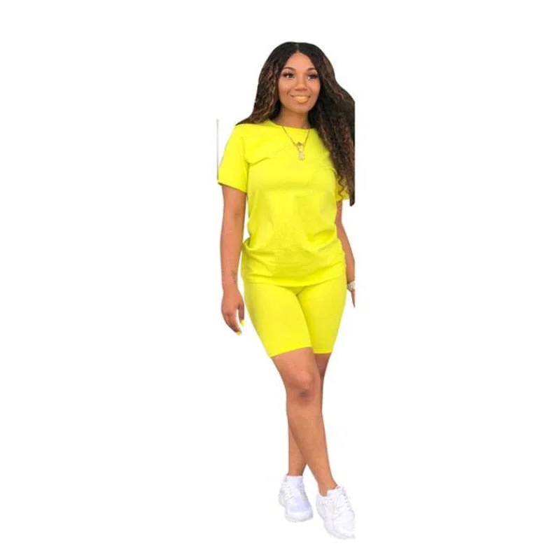 2 Pcs Sports Suit Sexy Candy Color Women Sport Clothing Short Sleeve Crew Neck T-shirt + Tight-fitting Shorts Tracksuit Outfits
