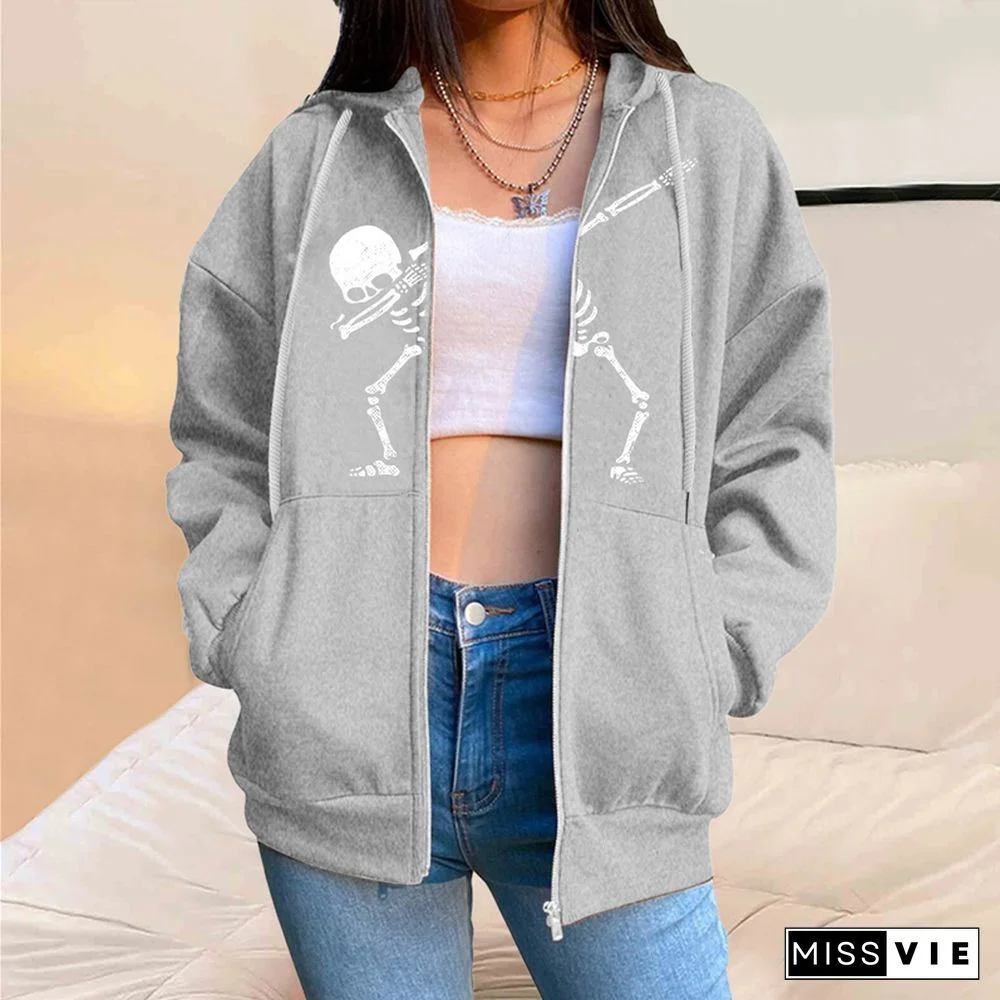 Y2k Coat Womens Skeleton Print Long Sleeve Tops With Pockets Gothic Jacket Aesthetic Punk Halloween Streetwear Clothes