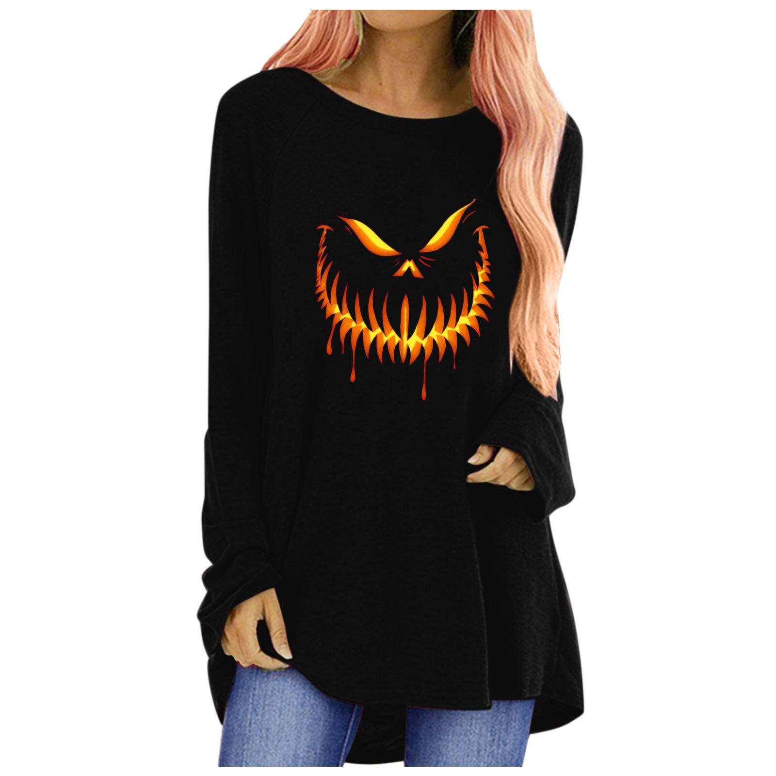 Funny Pumpkin T-shirt Women's Halloween New Solid Color Lace Sexy Fashion Long-sleeved Autumn Casual Top