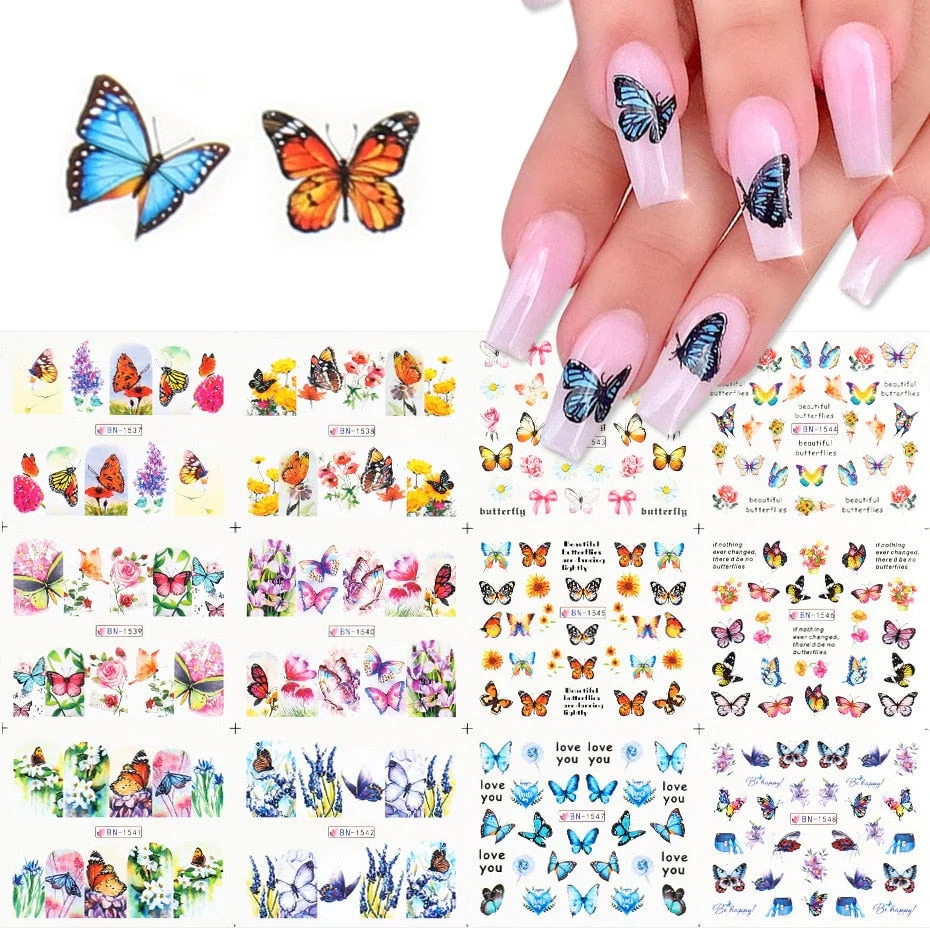 12Pcs/Set Nail Stickers Water Transfer Elegant Butterfly Flowers Designs Nail Decal Decoration Tips For Beauty Salons-Nail Inspo