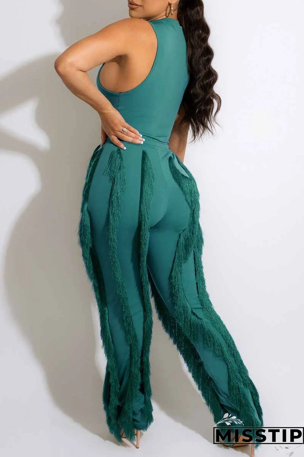 Green Street Print Tassel Letter O Neck Sleeveless Two Pieces