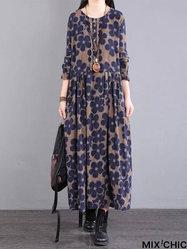 Casual Long Sleeves Loose Floral Printed Round-Neck Midi Dresses