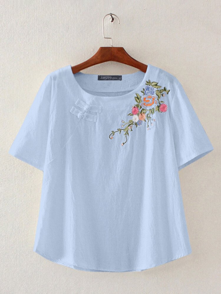 Vintage Floral Embroidery Short Sleeve Dish O neck T shirt P1856619