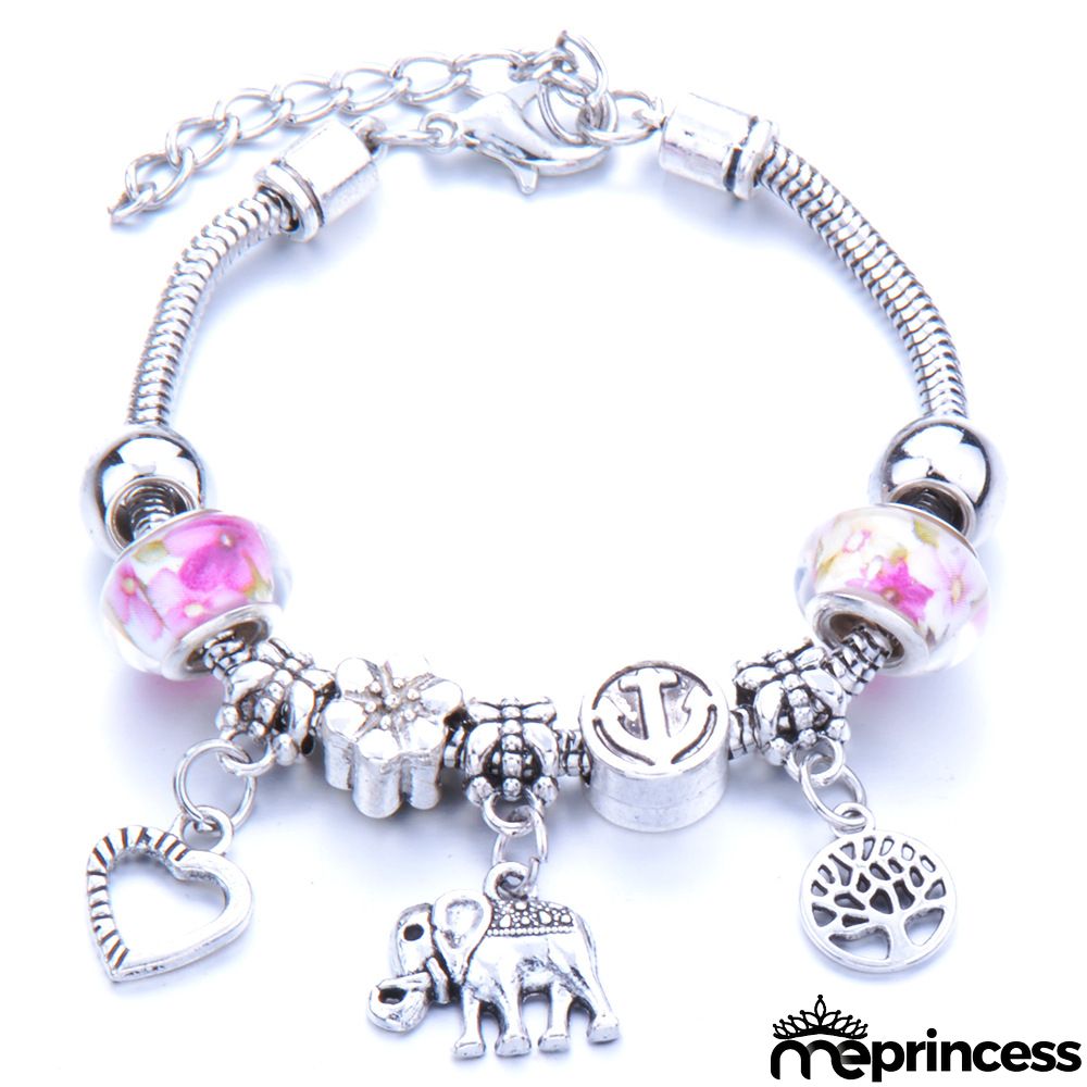 Women Fashion Rhinestone Butterfly Crown Pendant Beaded Bracelet