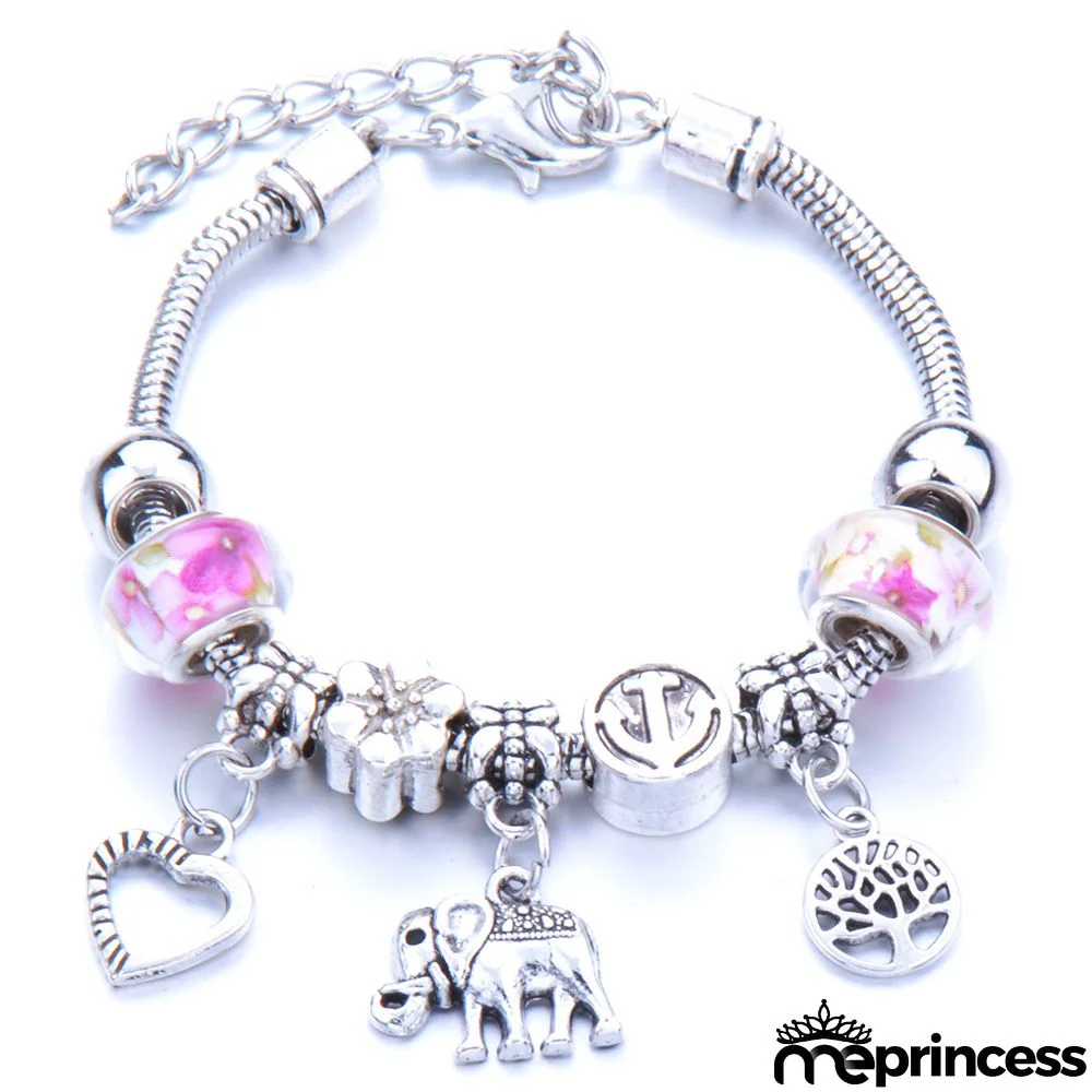 Women Fashion Rhinestone Butterfly Crown Pendant Beaded Bracelet