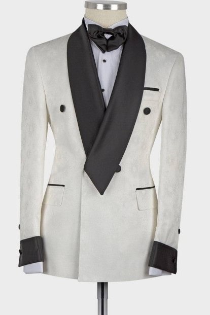 luxurious Slim Fit White Shawl Lapel Double Breasted Wedding Groom Suit | Ballbellas Ballbellas