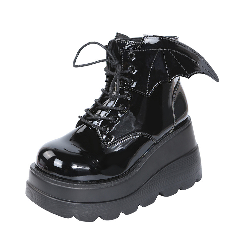 Dark Wings Lace Up Monoblock Wedges Boots