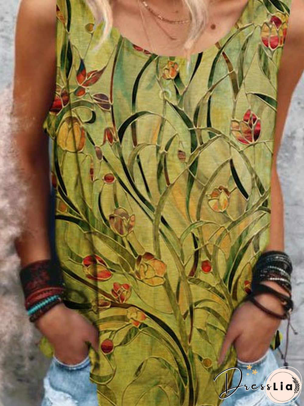 Women Summer Casual Crew Neck Vintage Floral-Print Tank Top