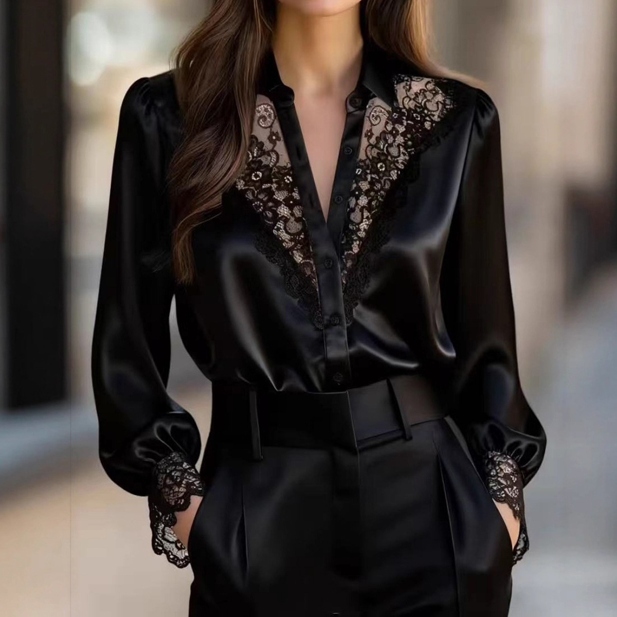 Fashion Patchwork Lace V-neck Puff Sleeve Shirt elevenforest