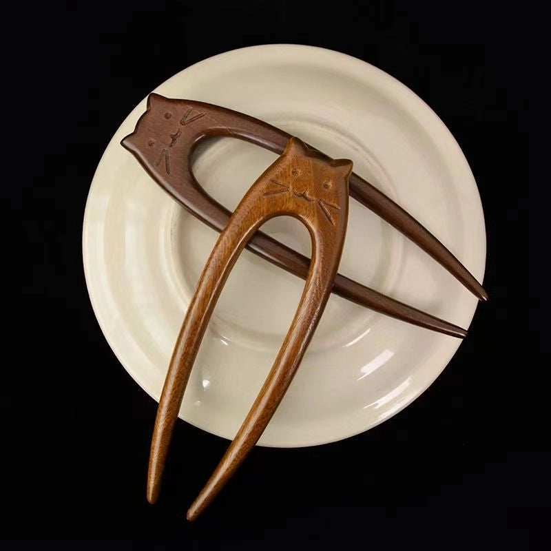 Women's Chinoiserie Retro Ethnic Style Cat Wood Hairpin