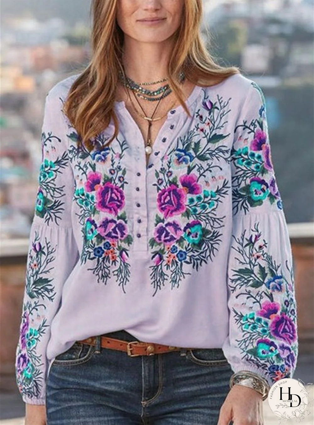V-Neck Button Women Flower Printed Autumn Top