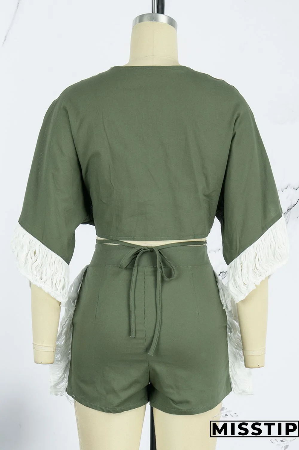 Ink Green Casual Solid Tassel Patchwork V Neck Half Sleeve Two Pieces