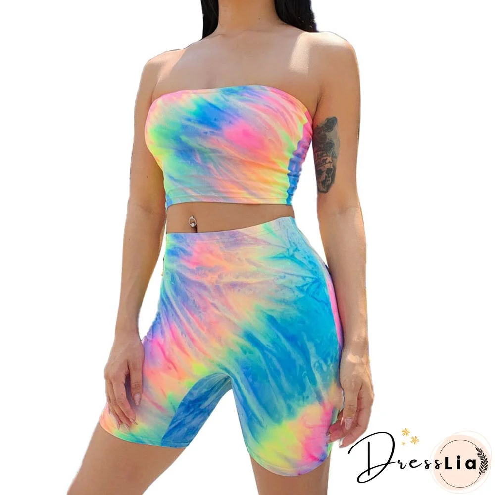 Summer Women Outfits Two Pieces Set Tie-dye Print Tube Top + Shorts Set Casual Off Shoulder Clothing Set Sleeveless Suits