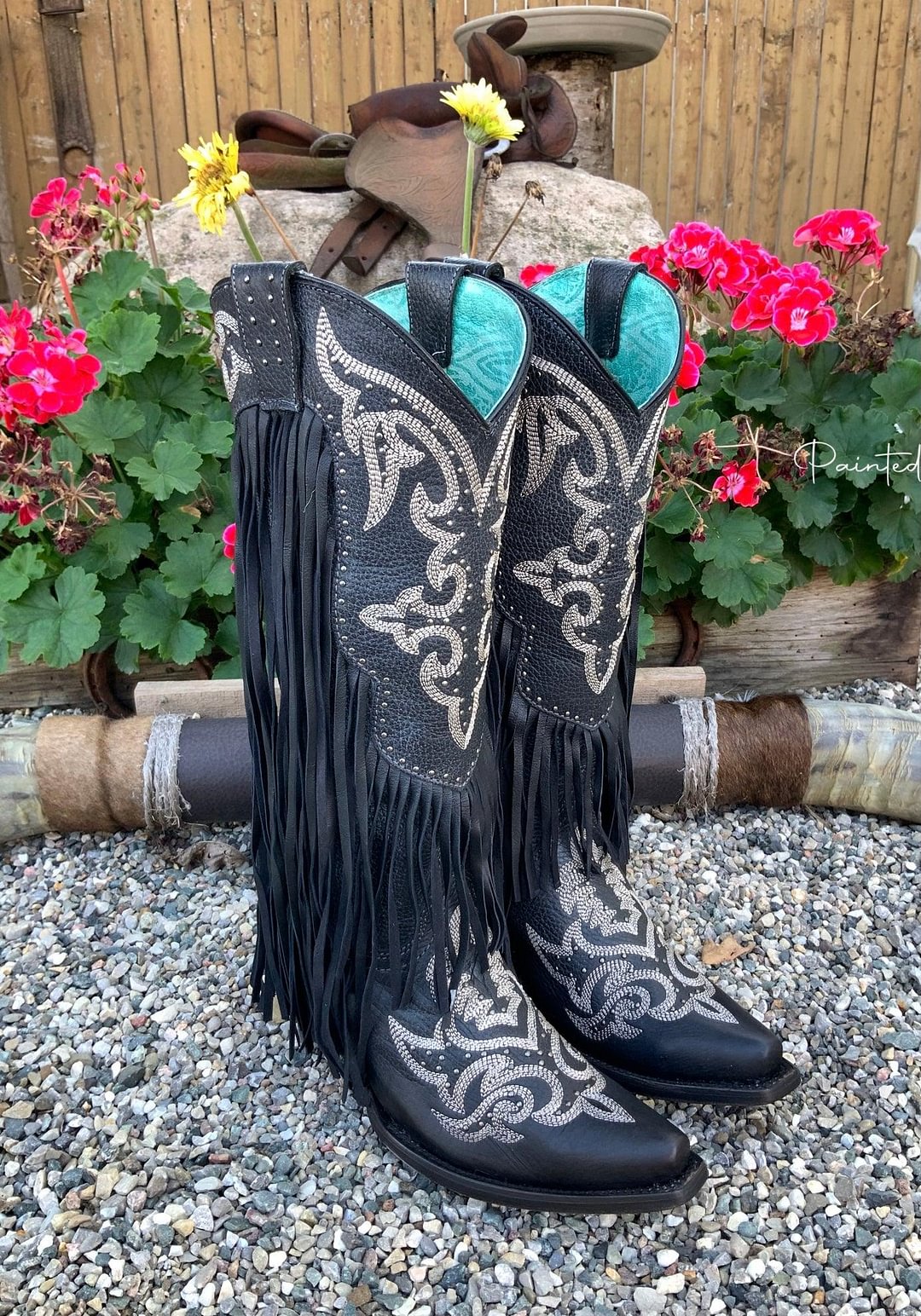 Women's Black Fringe Lamb Embroidery & Studs Tall Snip Toe Boots