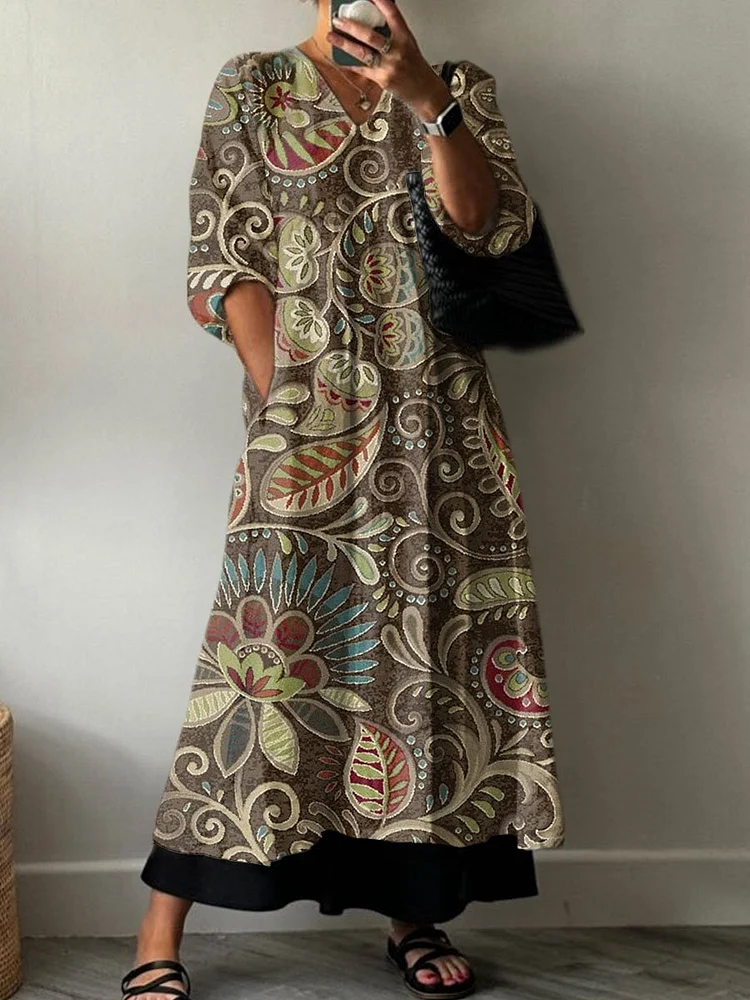 Women's  Retro Floral Print Pocket V-neck Cotton Dress