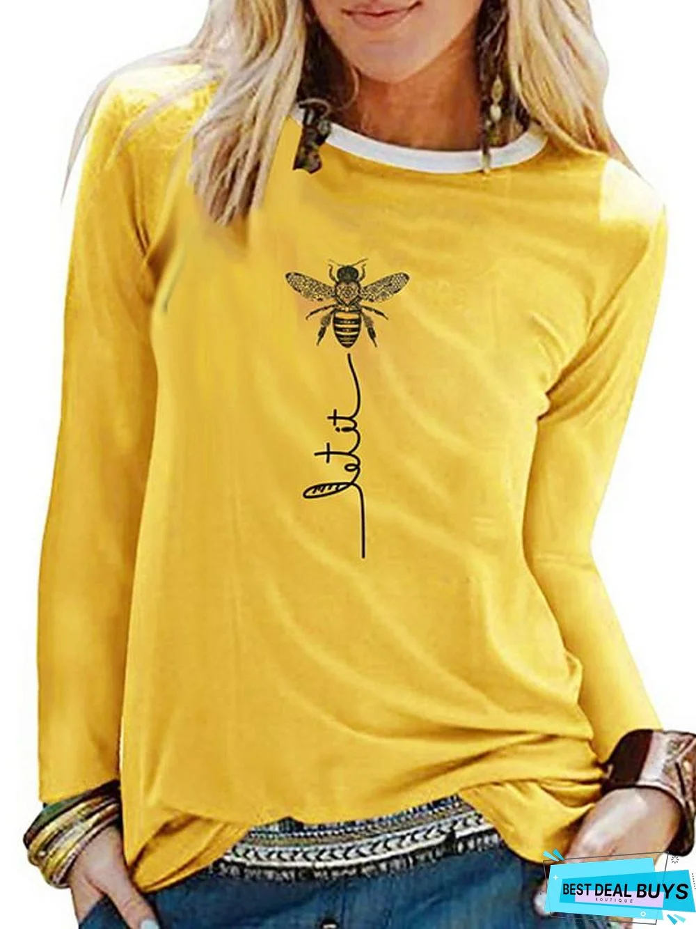 Women's T-shirt Graphic Prints Long Sleeve Round Neck Tops Cotton Basic Top White Black Blue