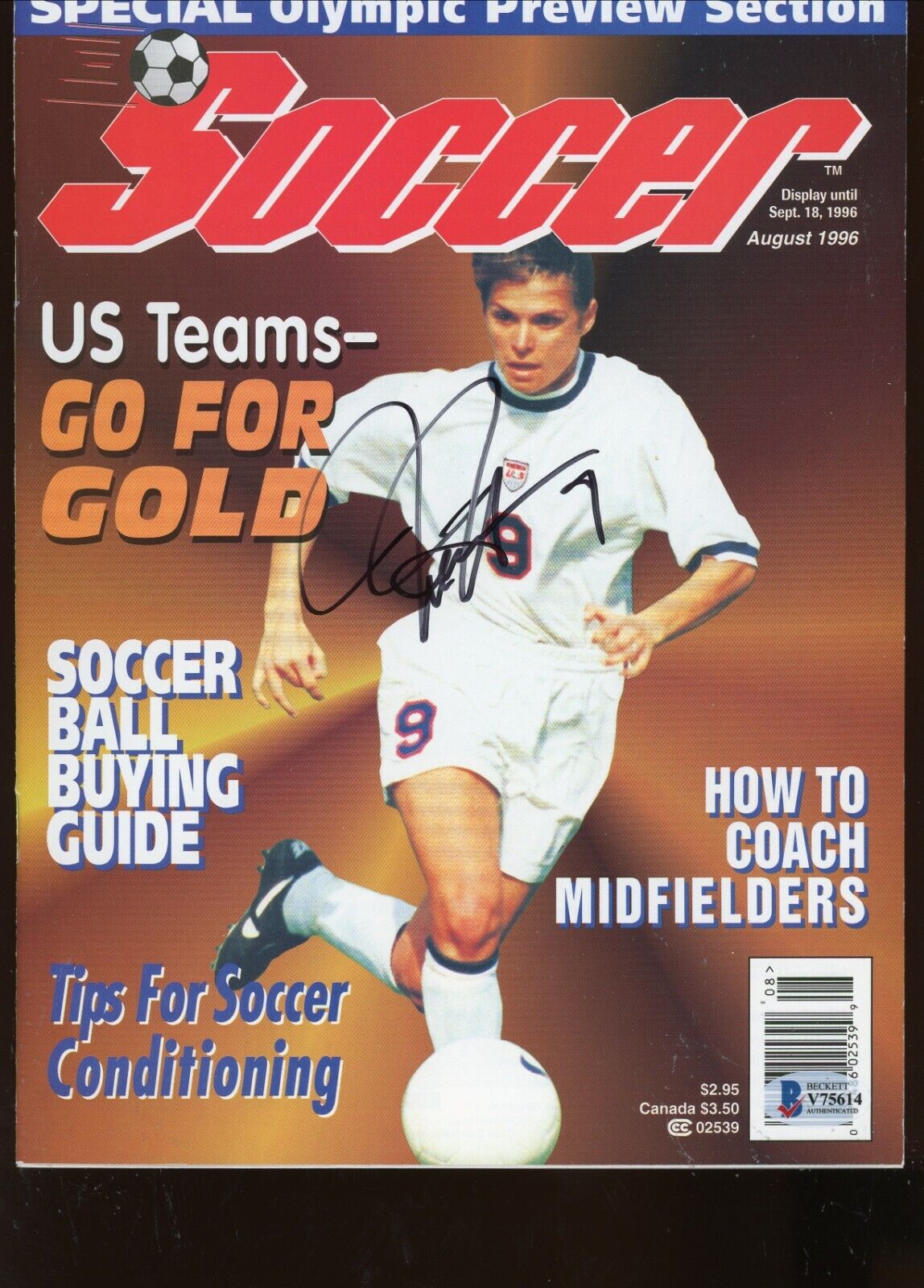 MIA HAMM USWMT WORLD CUP SOCCER Magazine signed autographed BECKETT BAS COA