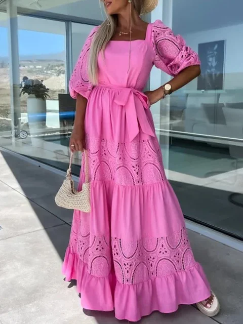 Women's Lace Stitching Loose Casual Elegant Retro Square Neck Tie Maxi Dress