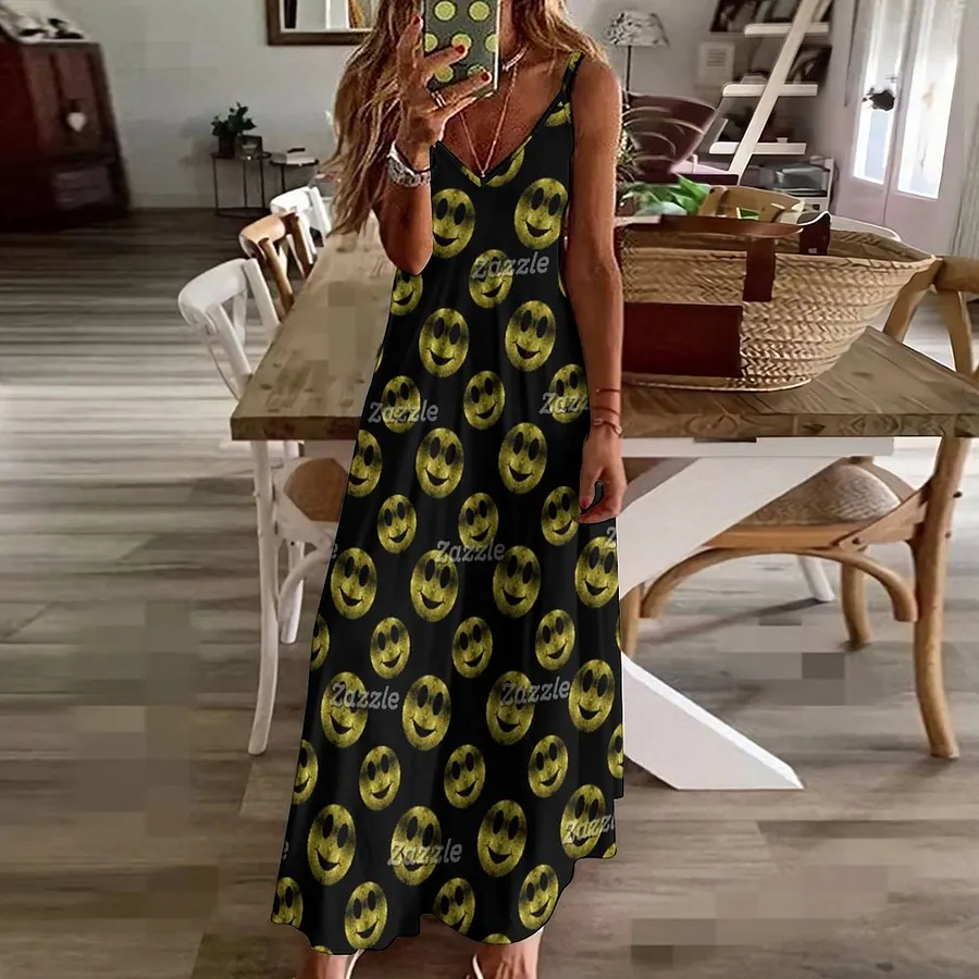Sparkly Smile Face Gold Sparkles Black Flowy Summer Vacation Dress, Maxi Dress Casual Dinner Outfit, Polyester Spandex Business Casual Work Attire