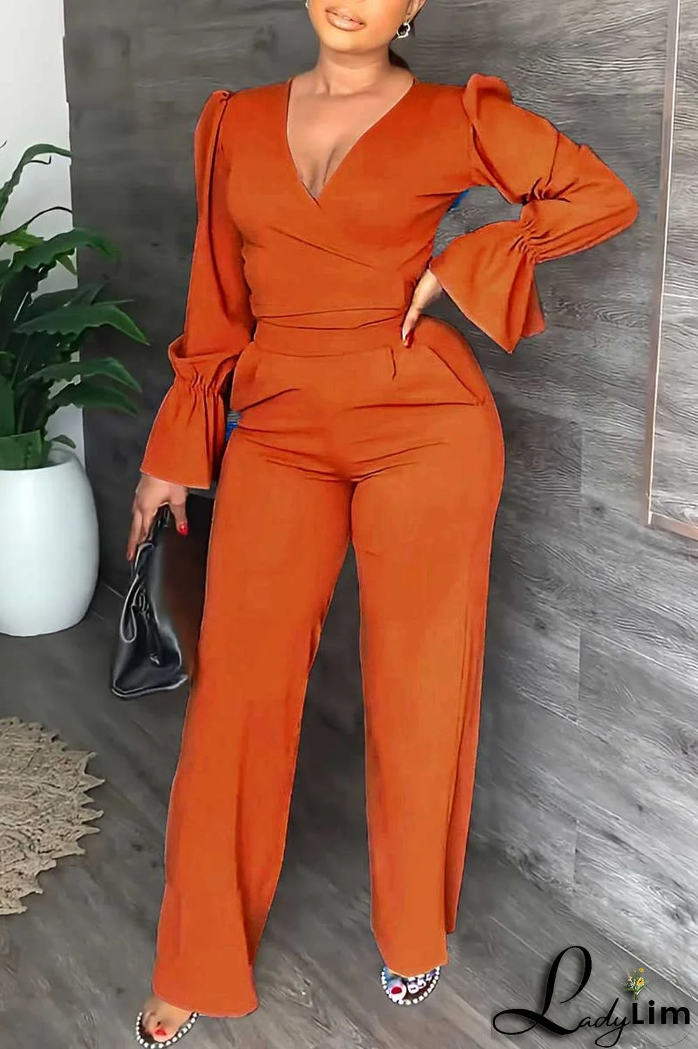Tangerine Casual Solid Patchwork V Neck Long Sleeve Two Pieces