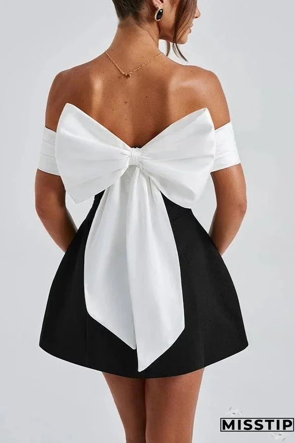 Sexy Contrast Off-the-shoulder Bow-embellished Mini Dress