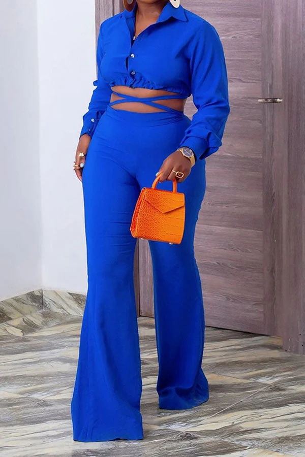 Solid Color On-trend Strappy Bell Bottoms Pant Suit