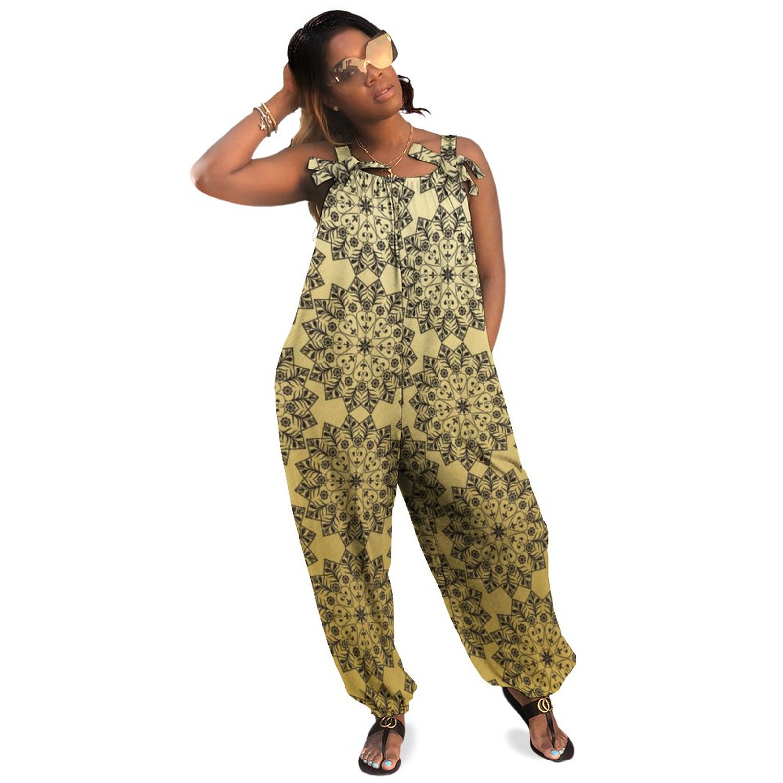 Black And Gold Art Deco Print Women Plus Size Jumpsuit Summer Loose Harem Pants Two Piece Jumpsuit Summer Casual Long Length Polyester Spandex