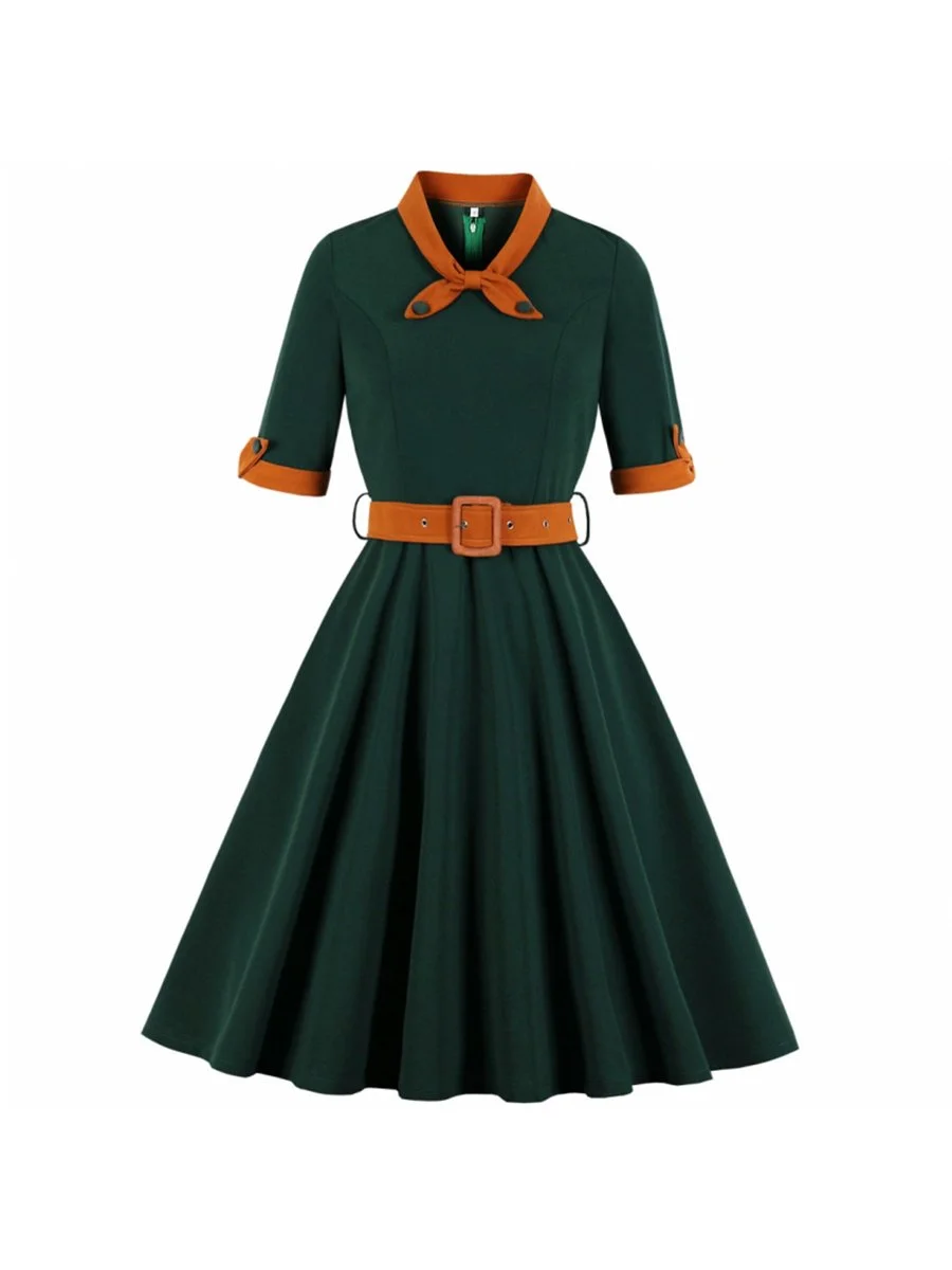 1950s Dress Retro O-neck Half Sleeve Swing Dress With Belt