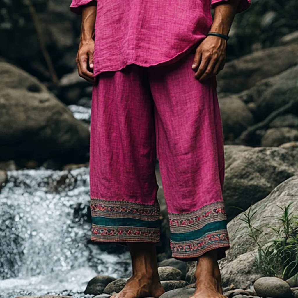 Men's Bohemian Holiday Style Vintage Ethnic Totem Print Cotton And Linen Casual Pants-inspireuse