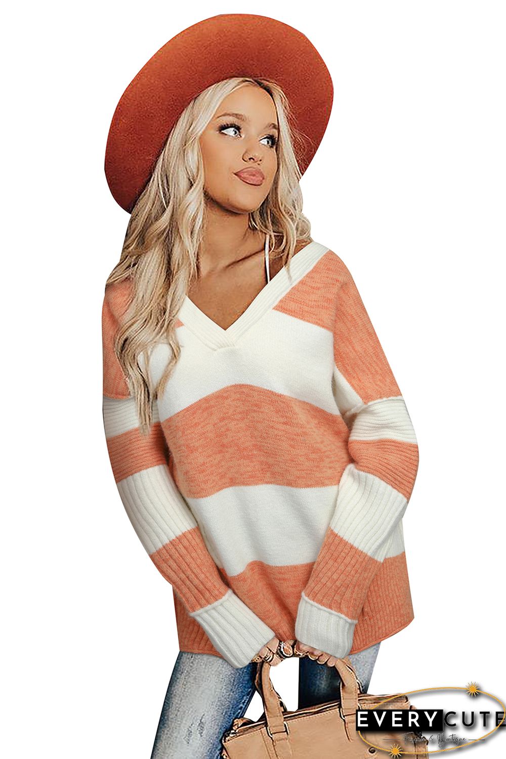 Striped V Neck Criss Cross Back Sweater