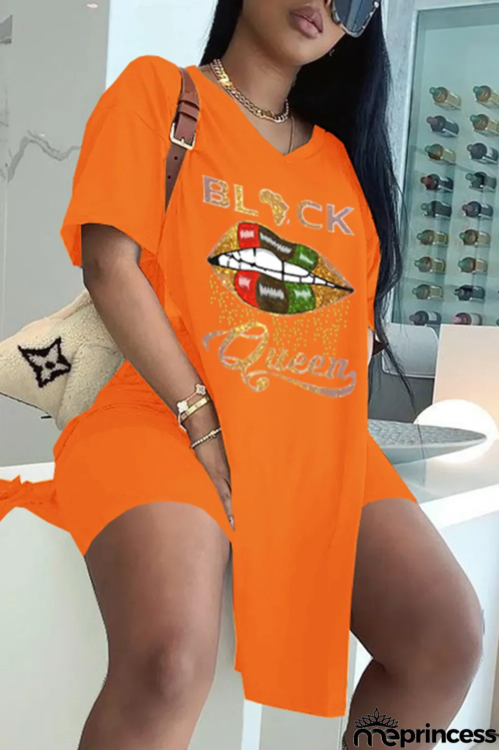 Rose Red Fashion Casual Letter Lips Printed Slit V Neck Two Pieces