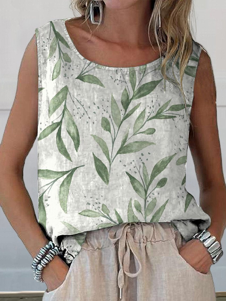Comstylish Botanical Print Crew Neck Sleeveless Casual Tank Top