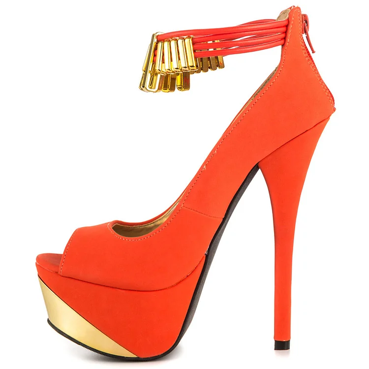 Orange Peep Toe Ankle Strap Heels Gold Metal Details Platform Pumps |FSJ Shoes