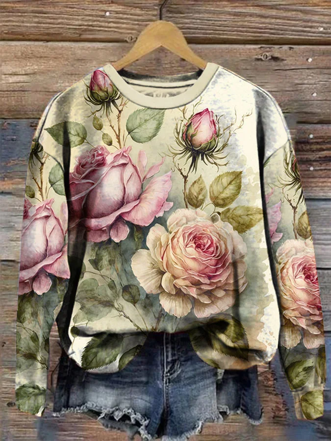 Retro Chic Rose Print Long Sleeve Crew Neck Sweatshirt​
