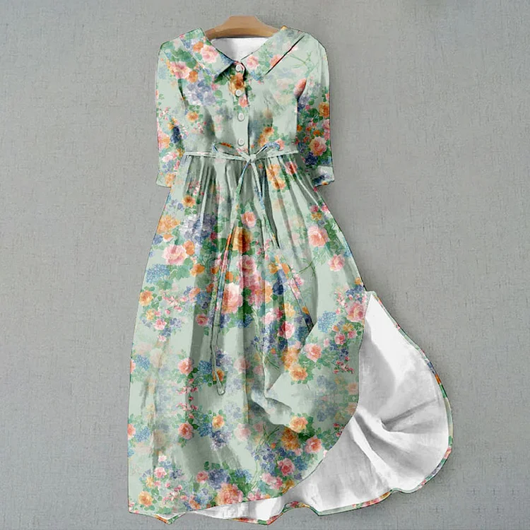 VChics Vintage Floral Print Waist Tie-Up Lapel Midi Dress