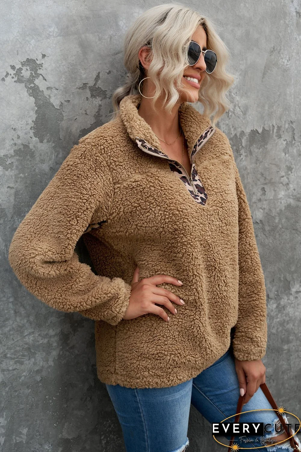 Khaki Turn-down Collar Leopard Splicing Sherpa Sweatshirt