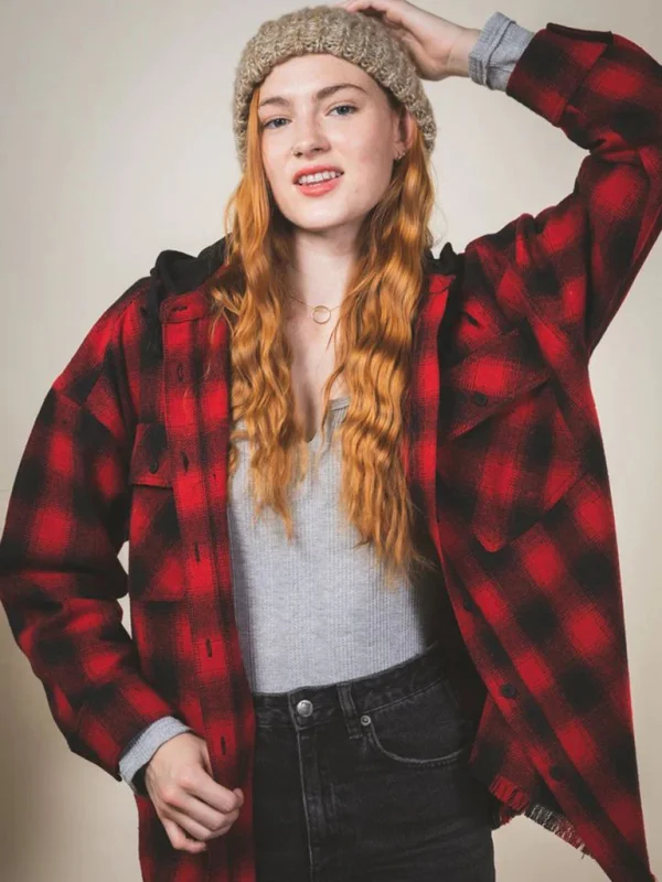 Women's Hooded Long Sleeve Plaid Shirt Brushed Wool Jacket Flusfy