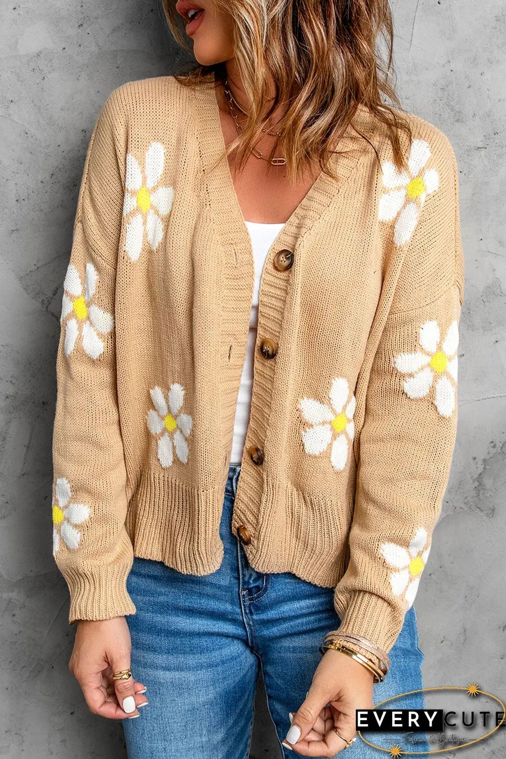 Khaki Daisy Pattern Knit Button Front Cardigan