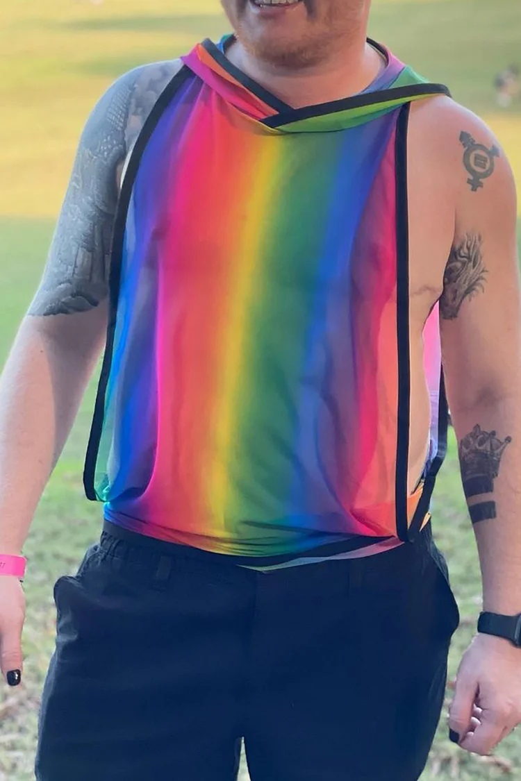 Ciciful Rainbow Gradient Mesh See Through Hooded Tank Top